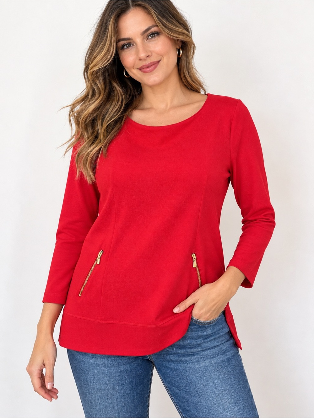 Chico's Red Long-Sleeve Tunic with Gold Zipper Accents
